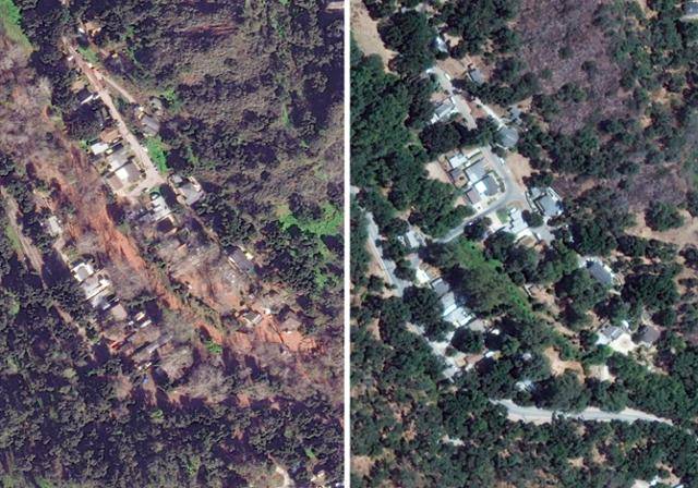 미국 캘리포니아주 일대에 3주 동안 폭풍우가 몰아쳐 최소 20명이 사망하고 가옥 1,000여 채가 파손되는 피해가 발생한 가운데 16일 캘리포니아주 카시타스 스프링스의 주택지가 파손됐다. 오른쪽 사진은 작년 8월 10일 폭우 피해가 발생하기 전의 모습. 카시타스 스프링스=AP 연합뉴스