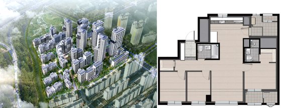 10년만에 토지임대부를 다시 분양하는 고덕강일지구 조감도(왼쪽)와 전용 59㎡ 평면도.