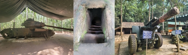 전쟁의 흔적이 남아 있는 구찌현에는 1946년 만든 터널 출입구(가운데)와 부서진 탱크(왼쪽), 대포가 전시되고 있다.