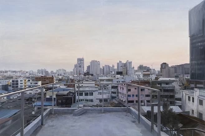 정재호, 나는 여기에서 얼마나 오랫동안 How long have I been here, 2022, 캔버스에 오일, 200 x 300 cm (초이앤초이 제공)