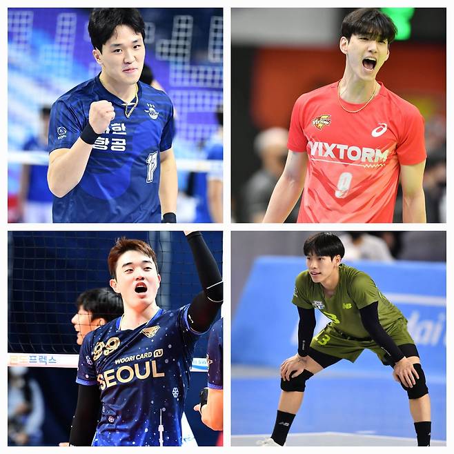 이번 시즌 프로배구 남자부에서 1999년생 '토끼띠' 선수들의 활약이 심상치 않다.  맨 왼쪽 위부터 시계방향으로 대한항공 임동혁, 한국전력 임성진, 현대캐피탈 박경민, 우리카드 김지한. /한국배구연맹
