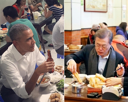 지난 2016년 5월 23일(현지시간) 베트남 하노이의 한 식당에서 현지 음식으로 저녁 식사를 하고 있는 버락 오바마 전 미국 대통령. 오른쪽은 2017년 12월 14일 중국 베이징의 한 식당에서 현지 음식으로 아침 식사를 하고 있는 문재인 전 대통령. SNS 캡처