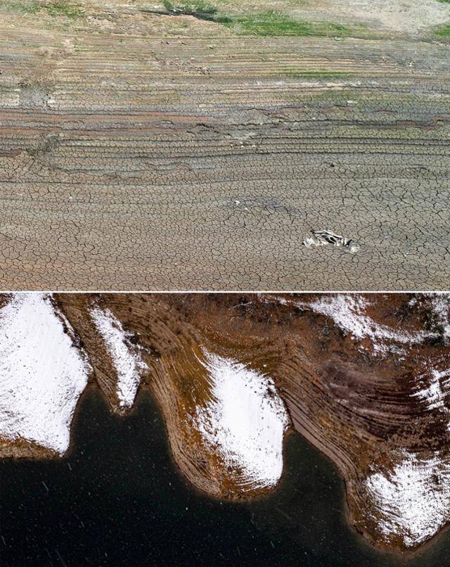지난해 6월 8일 강원 인제군 남면 소양강 상류지역 하천 옆면이 수위가 줄면서 층이 만들어져 있다(위). 지난해 12월 20일 전북의 주요 저수지인 임실군 옥정호 수위가 낮아져 눈으로 덮여 있다. 인제=서재훈 기자·임실=이한호 기자