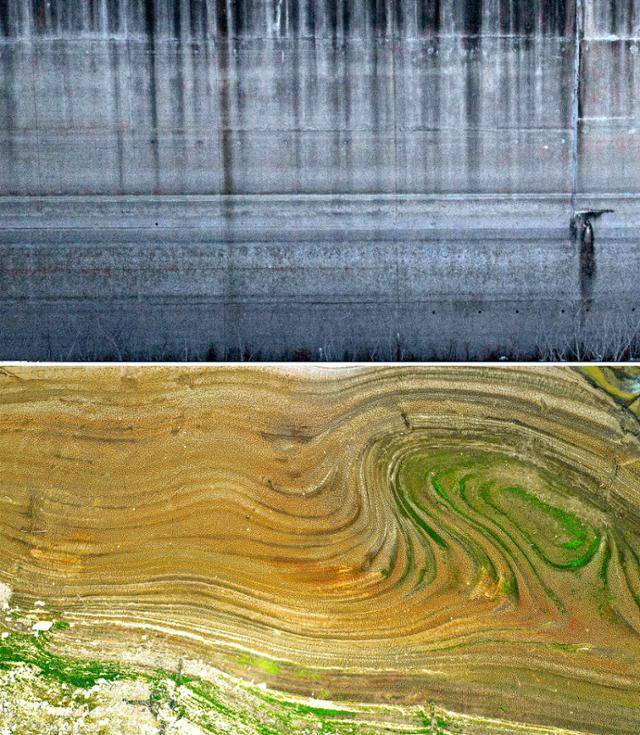 지난해 12월 20일 전북의 주요 저수지인 임실군 옥정호 수위가 낮아지면서 벽면에 흔적이 남아 있다(위). 지난해 6월 8일 강원 인제군 남면 소양강 상류지역 하천 옆면이 줄어든 수위로 인해 층별로 나타나고 있다. 임실=이한호 기자·인제=서재훈 기자