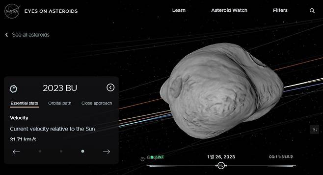 26일 미 항공우주국(NASA·나사)에 따르면 소행성 '2023 BU'가 한국시간으로 내일 오전 지구와 3600km 거리를 두고 남미 남단 상공을 스쳐 지나갈 것으로 예측됐다.(NASA 홈페이지 갈무리)