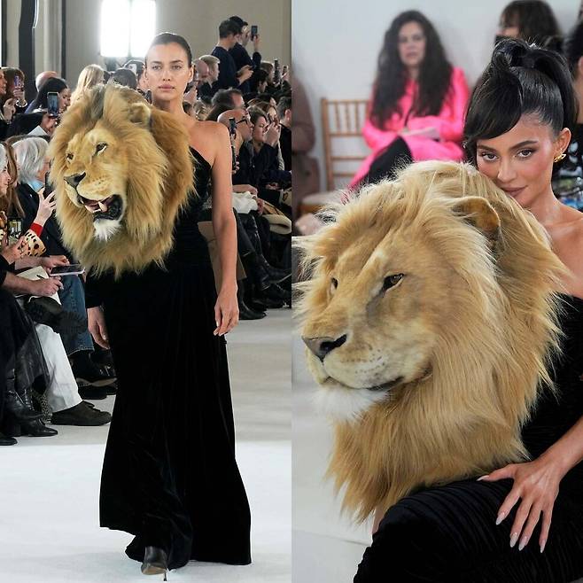 지난 23일(현지시각) 프랑스 파리에서 열린 ‘스키아파렐리 2023년 봄-여름 쿠튀르 패션쇼’에서 모델 이리나 샤크(왼쪽)와 카일리 제너가 사자 머리가 장식된 드레스를 입고 등장했다. AP연합뉴스