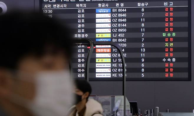 강한 바람과 많은 눈이 내린 27일 제주국제공항 대합실 운항판에 결항 또는 지연을 알리는 문구가 떠있다. 오후 3시 기준 이날 제주공항을 오가는 항공편 64편(도착 35편, 출발 32편)이 결항됐다. 뉴스1