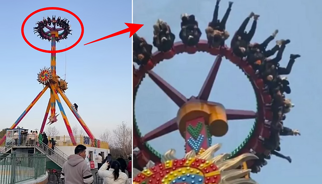 지난 19일(현지시간) 중국 안후이성(省) 푸양시(市)의 한 놀이공원에서 놀이기구가 멈추는 사고가 발생했다