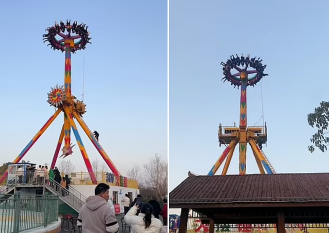 지난 19일(현지시간) 중국 안후이성(省) 푸양시(市)의 한 놀이공원에서 놀이기구가 멈추는 사고가 발생했다