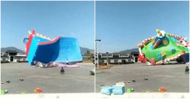 2021년 12월, 중국 후베이성에서 공기를 주입해 사용하는 놀이기구가 강풍에 날아가는 사고가 발생했다