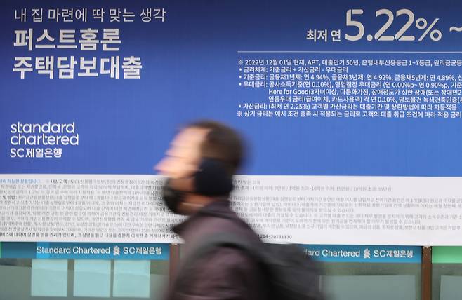 서울 한 시중은행의 대출 안내문 앞을 시민이 지나가고 있다.[연합]