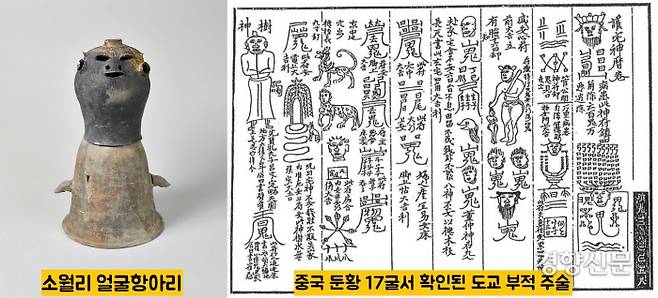 일본학자 가운데는 소월리의 골짜기 논을 수호하기 위한 일종의 부적으로 이 얼굴항아리 세트 유물을 해석하는 이도 있다.|히라카와 미나미(平川南)의 논문에서