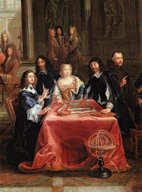 스웨덴 크리스티나 여왕을 가르치는 르네 데카르트(오른쪽 둘째). 데카르트는 말년에 크리스티나 여왕의 초청을 받아 스웨덴으로 가 여왕의 개인교사가 됐다. 위키미디어 코먼스