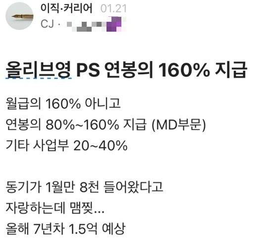 한 온라인 커뮤니티에 올라온 CJ올리브영 성과급 관련 글. /SNS 캡처