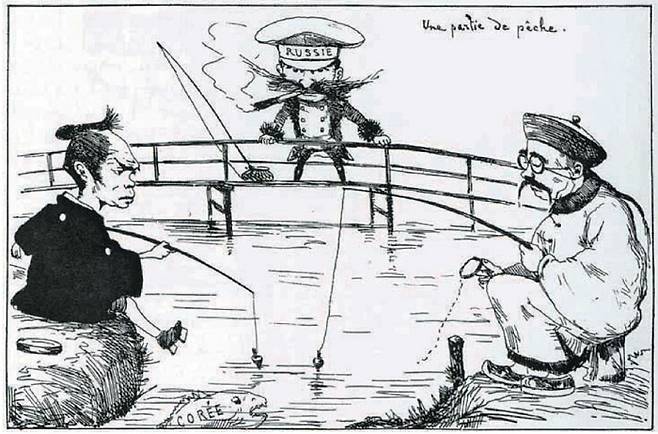 <그림1> 프랑스인 조지 비고가 1887년 2월15일자 잡지 토베(TOBAE)에 실은 캐리커처. 일본인과 중국인이 조선이라는 물고기를 낚으려 하고 있고, 러시아 역시 이 광경을 유심히 지켜보고 있다. 당시 일본에서 활동 중이던 조지 비고는 조선을 둘러싼 열강의 입장을 정확히 표현했다.