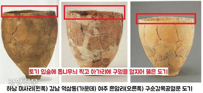 하남 미사리와 강남 역삼동, 남한강 유역의 여주 흔암리에서 확인된 청동기 시대 토기. 미사리 등 한강 하류에 살았던 청동기 주민들이 인근 구릉지역(역삼동)과 상류(흔암리)로 이주했음을 보여주는 유물이다.|이형구 교수 설명