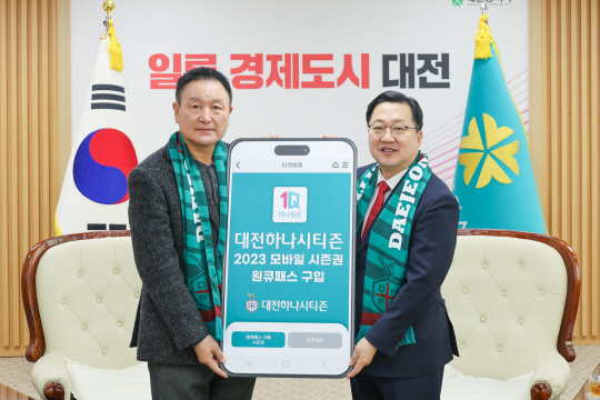 이장우 대전시장(오른쪽)이 1일 시청에서 대전하나시티즌 시즌권 원큐패스를 구매하고 있다. 사진=대전하나시티즌
