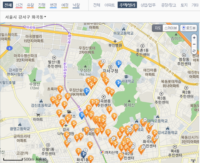 1일 현재 경매 진행 중인 서울 강서구 화곡동 빌라. 노란색 화살표로 표시된 주택 모두 유찰 상태다.