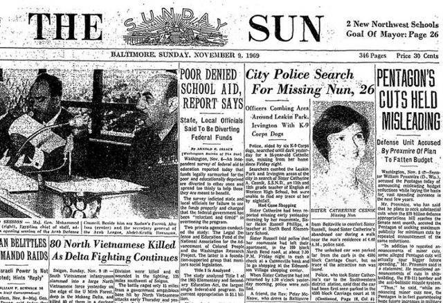 미국 메릴랜드주 일간지 볼티모어선 1969년 11월 9일 자 1면. 경찰이 당시 26세였던 캐서린 세스닉 수녀를 찾고 있다는 기사가 실려 있다. 볼티모어선 제공