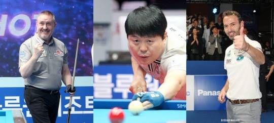 외인 투톱 쿠드롱(왼쪽)과 카시도코스타(오른쪽)와 잘 얽히는 김병호(사진=PBA.브릴리언트 빌리아드)