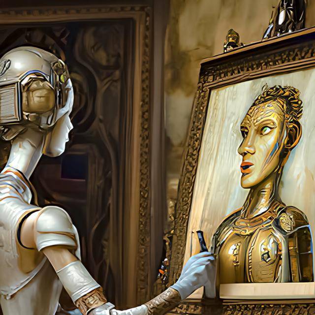 카카오브레인의 생성 AI 칼로가 '인공지능이 화가처럼 그림을 그리는 모습'이란 키워드를 접한 뒤 그려 낸 가상의 이미지. 카카오브레인 제공