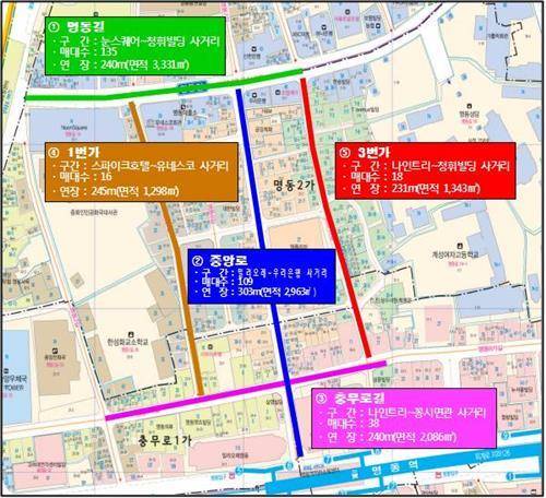 명동 일대 노점상 도로점용 허가지역 5곳 [제공 중구청]