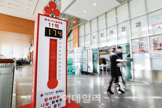 용인시가 ‘사랑의 열차 이어달리기’ 모금액을 확인하기 위해 설치한 사랑의 온도탑이 지난 3일 174℃를 달성했다.(사진=용인시)