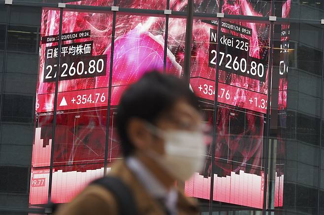 일본 도쿄의 닛케이지수 전광판. /연합뉴스