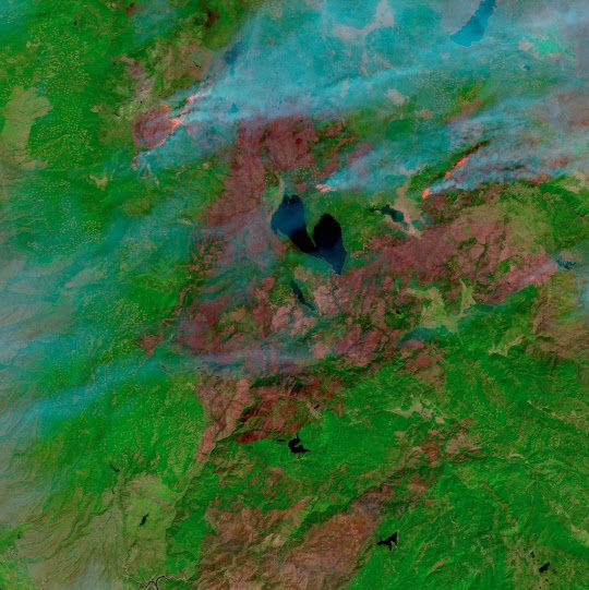 2021년 8월 17일 딕시 산불 현장 위성사진. 살아있는 산불이 알마노어 호수 북쪽에 보인다. 출처: NASA 임팩트