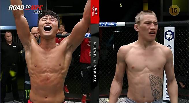 판정으로 로드 투 UFC 페더급 우승을 차지한 이정영(왼쪽). 티빙 중계 화면 캡처