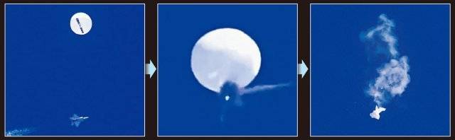 4일(현지 시간) 미국 사우스캐롤라이나주 해안도시 머틀비치 연안에서 약 11km 떨어진 바다 상공에 중국의 정찰풍선이 선명하게 떠 있고, 그 아래로 미 공군 F-22 전투기가 지나가고 있다(왼쪽 사진). 전투기에서 발사된 미사일이 풍선을 관통하자(가운데 사진) 잠시 뒤 하늘에서 뿌연 연기와 함께 풍선 잔해가 추락하고 있다. 머틀비치=AP 뉴시스·CNN방송 홈페이지 캡처