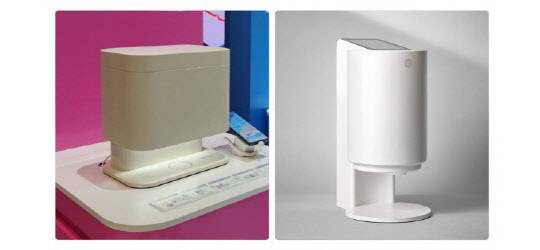 롯데헬스케어(왼쪽)와 알고케어의 영양제 디스펜서.   양사 제공