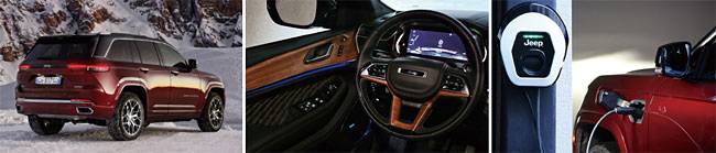 왼쪽부터 지프 그랜드체로키 4xe 외관과 실내. 지프 그랜드체로키 4xe 충전 모습. 사진 스텔란티스