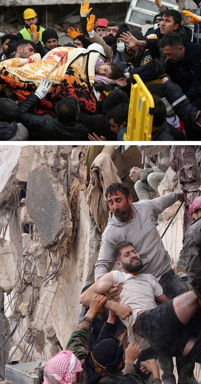 무너진 건물서 구조 튀르키예 남부와 시리아 북부에서 역대 최대 규모의 강진이 발생한 6일 튀르키예 남동부 도시 디야르바키르에서 지진으로 무너진 건물에서 한 어린이를 구조해 안전한 곳으로 옮기고 있다(위 사진). 이날 시리아 반군이 점령하고 있는 알레포주 아프린시 잔다리스에서 주민들이 부상자를 구출하고 있다. AFP·로이터연합뉴스