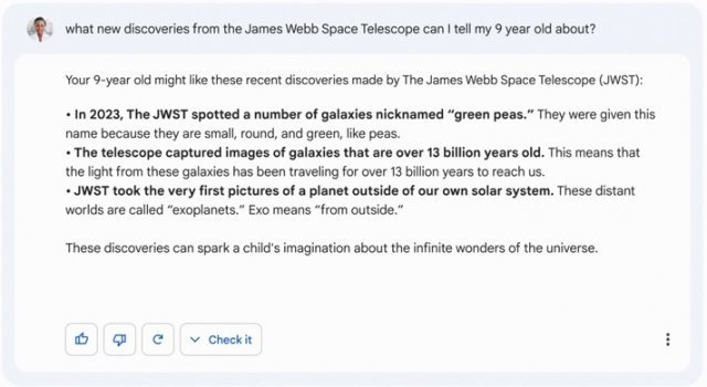 구글이 제시한 ‘바드’의 예시. 사용자가 제임스 웹 우주망원경의 발견을 9살에게 어떻게 설명할지 묻자 바드가 답을 하고 있다.