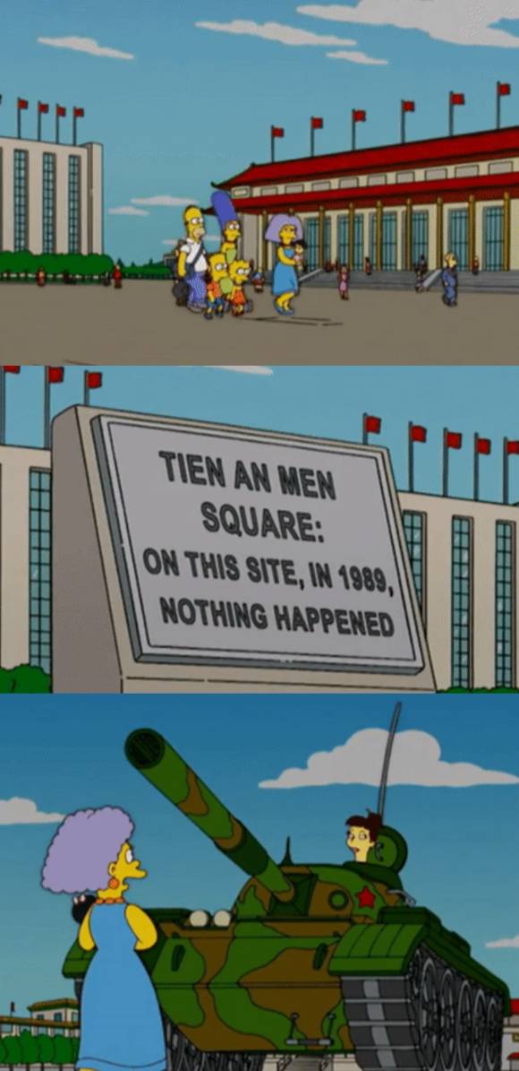 홍콩 디즈니플러스에서 삭제된 천안문 민주화 시위 관련 에피소드다. [사진=심슨가족 캡처]