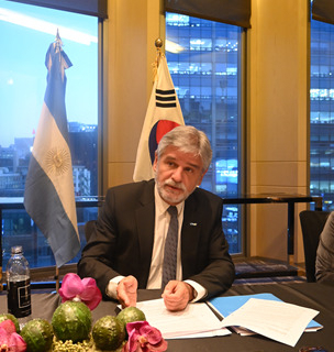 Argentina's Minister of Science, Technology and Innovation Daniel Filmus discusses cooperation with the Korea Aerospace Research Institute in an interview with The Korea Herald in Seoul on Friday. (Sanjay Kumar/The Korea Herald)