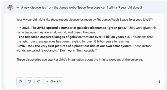 구글 ‘바드’에 “9세 아이에게 설명할 수 있도록 미 항공우주국(NASA)의 제임스웹 우주 망원경의 새로운 발견을 소개해달라”고 질문하자 바드가 답변을 내놓고 있다. 사진 제공=구글