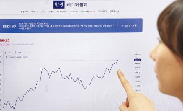 “믿을 건 역시 혁신기업뿐” 국내 혁신기업 30곳에 투자하는 ‘TIGER KEDI30 ETF’가 8일 1.37% 상승 마감했다. 한 투자자가 한경닷컴 홈페이지에서 KEDI30 지수 등락률을 확인하고 있다. 김범준  기자