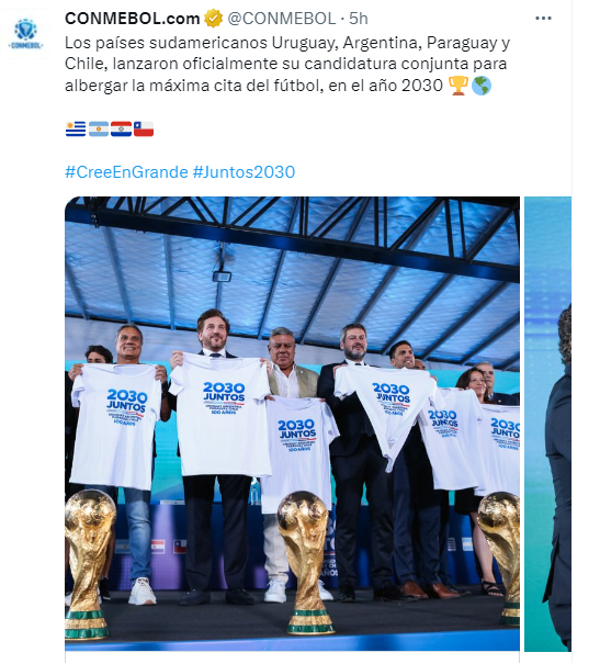 아르헨티·우루과이·파라과이·칠레 등 남미 4개국이 2030 국제축구연맹(FIFA) 월드컵 공동개최를 추진중인 것으로 알려졌다. 사진은 해당 4개국 관계자들이 월드컵 유치에 나섰다는 것을 발표하는 모습. /사진=남미축구연맹 공식 트위터