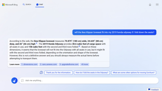 MS가 시연을 통해 “이케아에서 파는 ‘클리판 러브시트’ 소파를 2019년형 혼다 오딧세이 모델에 실을 수 있을까”라고 대화 상자에 입력하자 챗봇이 “두 번째와 세 번째 열의 좌석을 접으면 소파를 실을 수 있다”고 답변했다. 사진 제공=MS