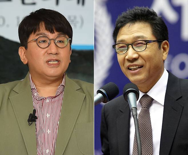 방시혁 하이브 의장(왼쪽)과 이수만 전 SM 총괄 프로듀서/뉴스1·뉴시스