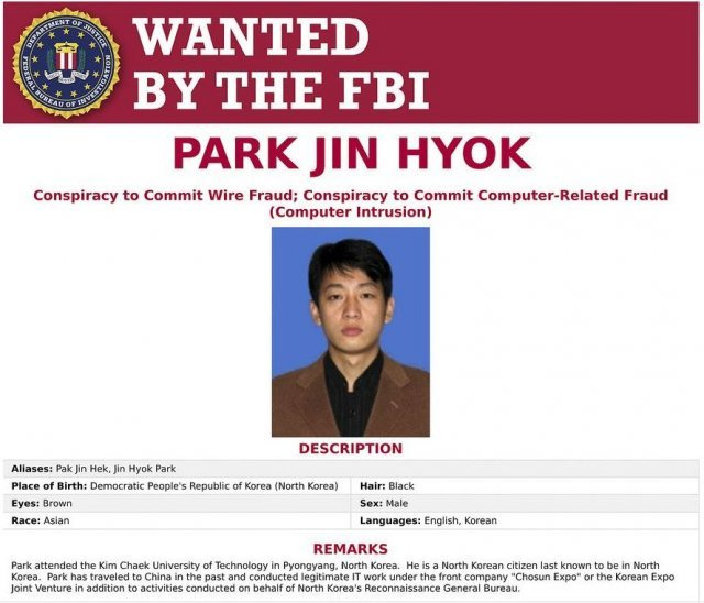 2018년 미국 연방수사국(FBI)이 북한 해커 박진혁과 관련해 수배전단을 배포했다. 미국 연방수사국(FBI) 제공