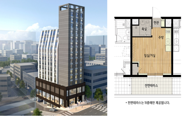역삼역 청년주택 '더원역삼' 16㎡는 보증금 4900만 원, 월 임대료 48만 원에 임대된다. 더원역삼 조감도와 16타입 평면도. /더원역삼 홈페이지 캡쳐
