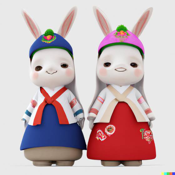달리2: 한복 입은 토끼를 3D 렌더링 형식으로 생성.  문소영 기자