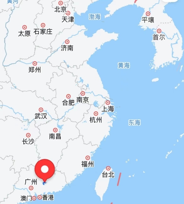중국 광둥 지진 발생 지점. 바이두 지도 캡처