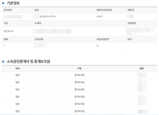 '국가공간정보포털'에 접속해 '부동산중개업조회'를 통해 특정 부동산 중개업소를 검색하면 보증보험 가입 여부와 공인중개사 및 중개보조원 리스트를 볼 수 있다.