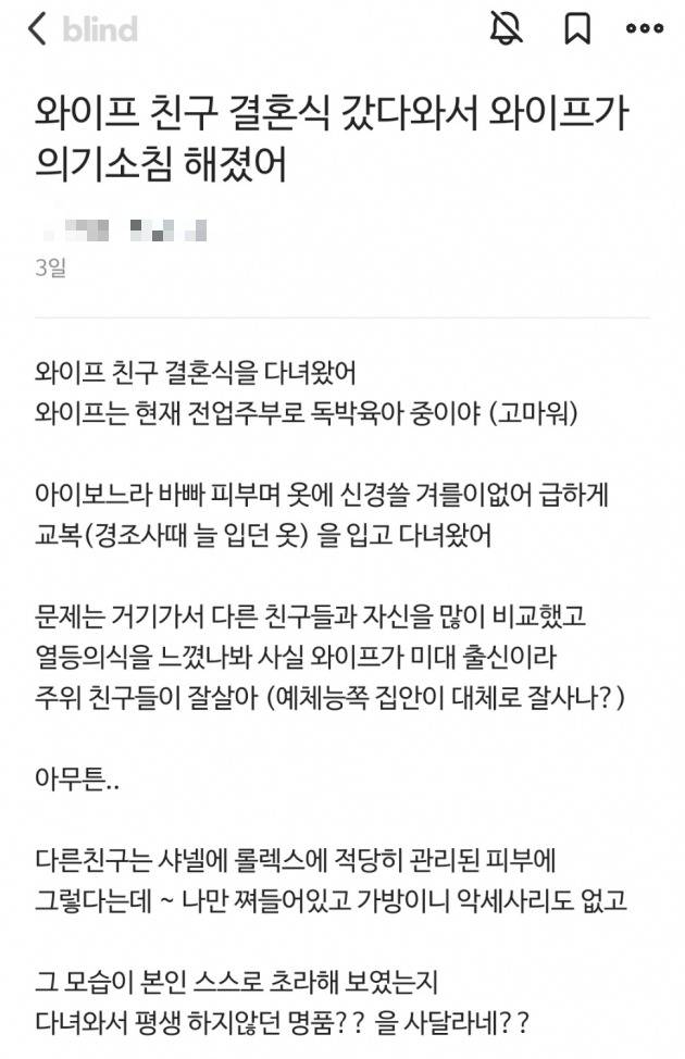 아내에게 명품백을 사줘야하는지 고민이라는 직장인의 글. /사진=블라인드 갈무리