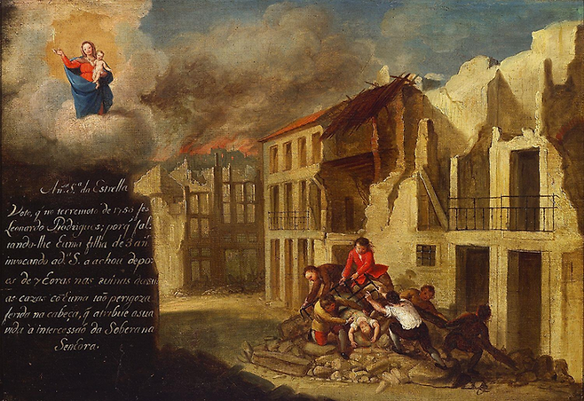 주앙 글라마 스트로베를레의 18세기 작품. 1755년 대지진 현장에서 3살짜리 아이를 구출하고 있다. 성모가 성자를 안고 위에서 이를 지켜보고 있는 모습이 인상적이다.