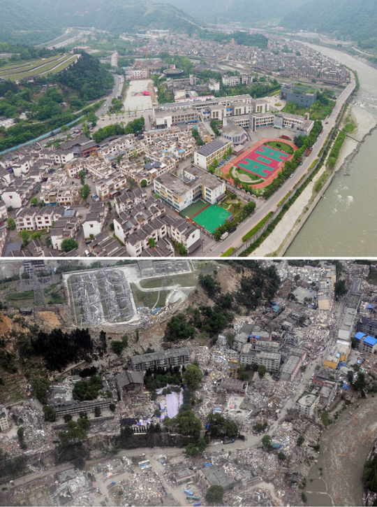 지난 2008년 규모 8.0 이상의 대지진이 발생한 중국 쓰촨성 원촨 지역의 모습(아래)과 지난 2018년 복구된 이후 같은 지역의 모습(위) 신화·뉴시스